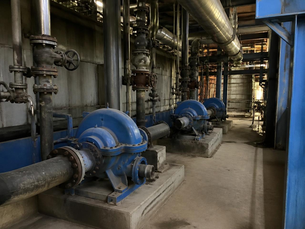 Industrial pumps, valves and piping inside a process manufacturing plant